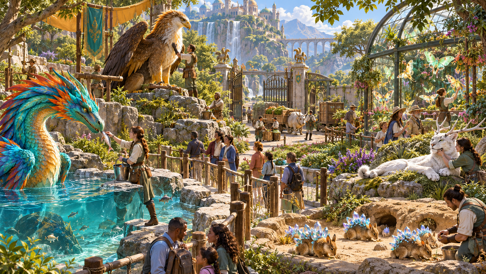 Keepers feed an aquatic creature check a griffon and tend butterfly antlered beast and crystal-backed animal habitats while families follow paths