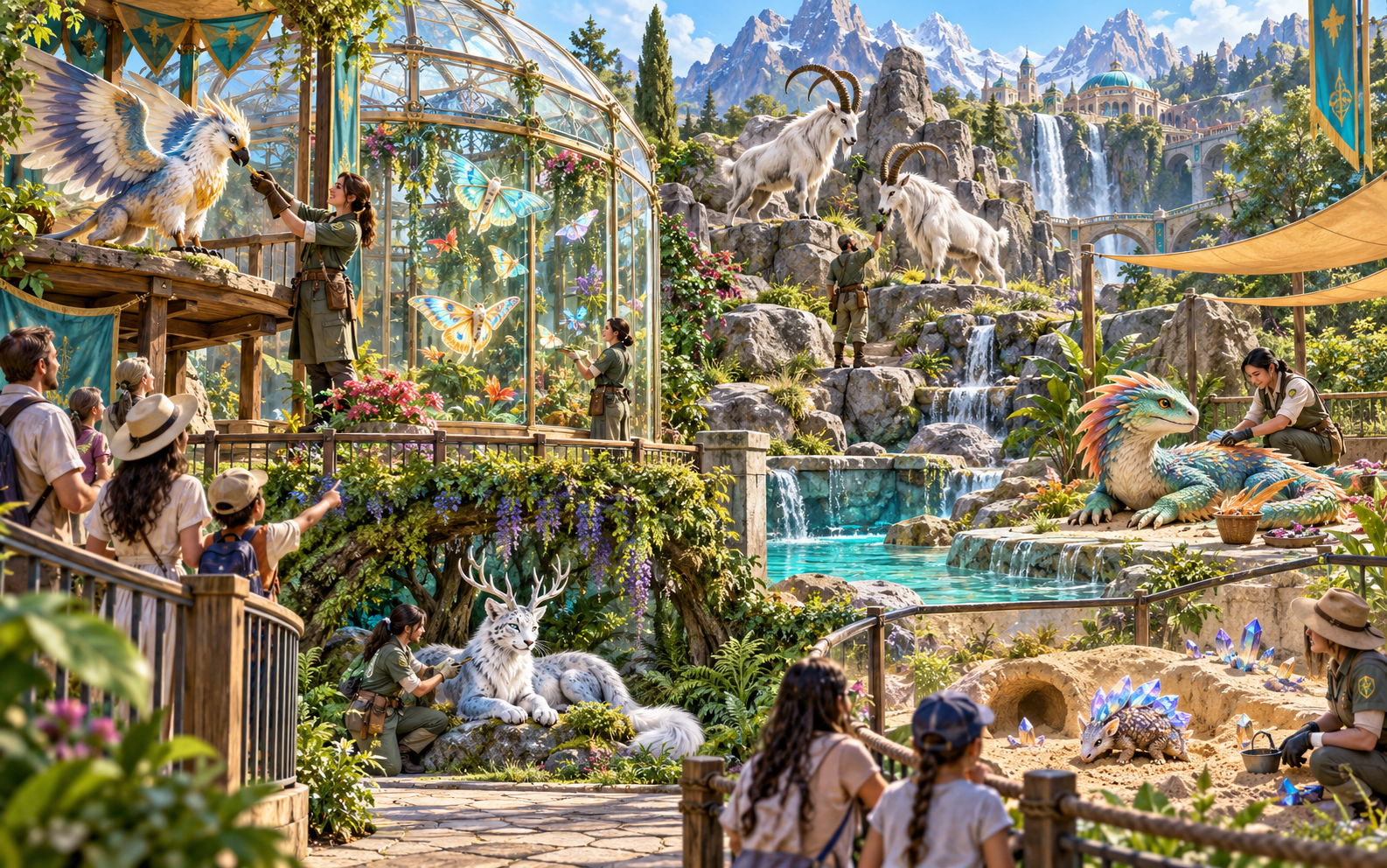 Handlers care for a griffon mountain goats aquatic creature antlered white beast and crystal-armoured animal in varied habitats behind visitor barriers