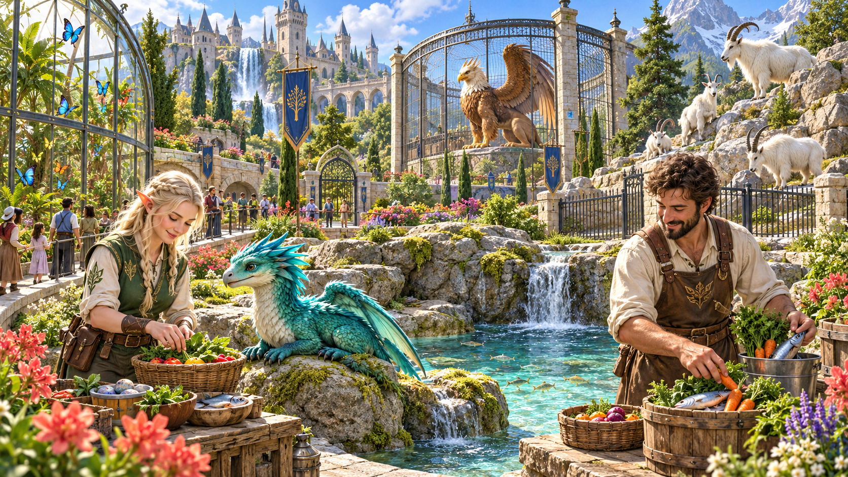 Keepers prepare food beside an aquatic dragon as a griffon goats butterflies and visitors occupy a fantasy menagerie